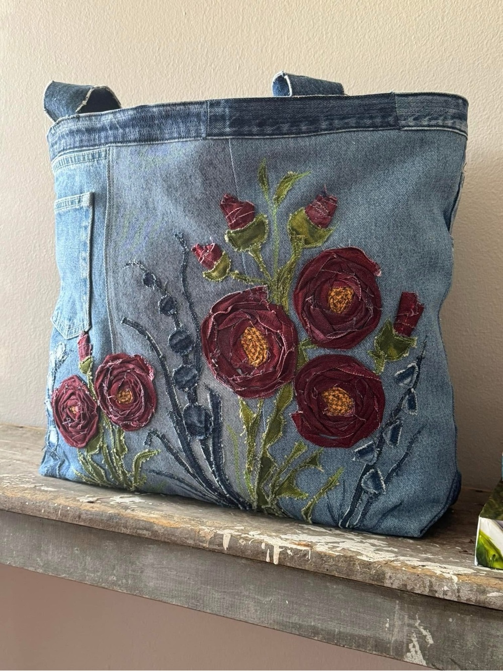 Handcrafted “Rose Garden” Denim Oversized Tote - Picture 14 of 16